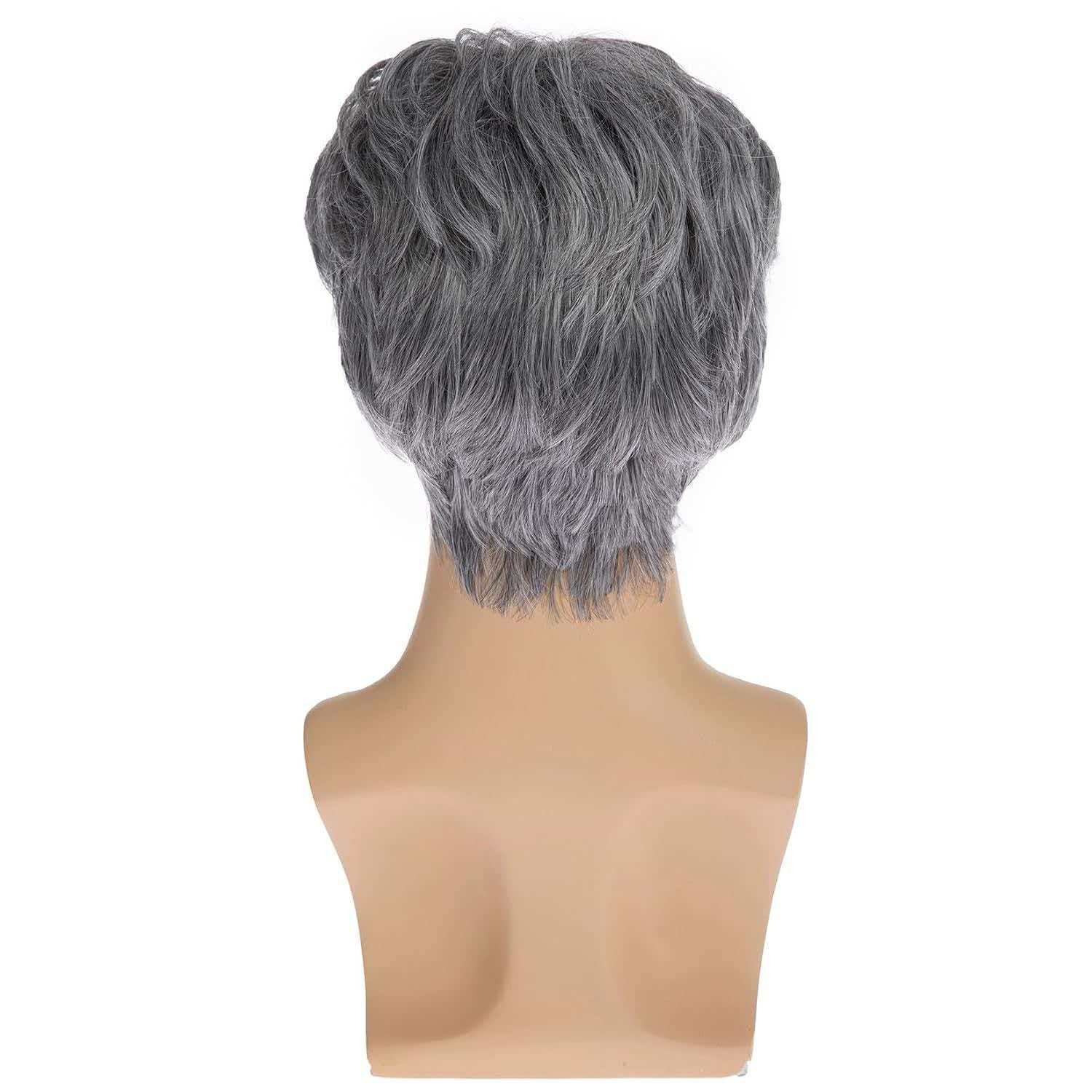 Men’s 6in Short Silver Gray Wavy Wig Full Heat Resistant Synthetic Cosplay