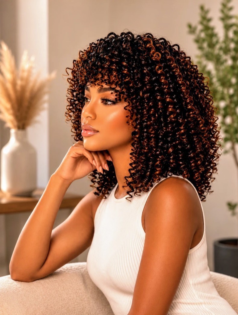 Afro Curly Wig with Bangs Black & Warm Brown Highlights Natural Synthetic Hair