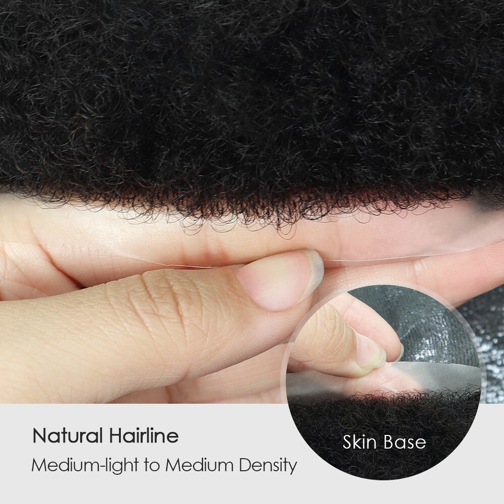 Mens Toupee Human Hair System Poly Skin Unit Afro Curl Black Hair Pieces AFSK