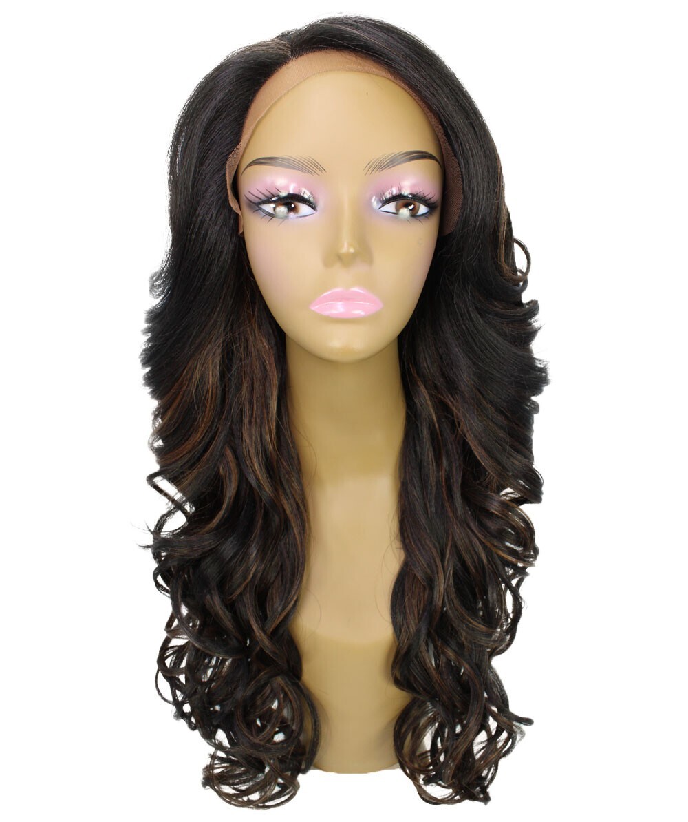 Wavy 24.5″ Long 13×2.5 Hand-Tied Lace Front Wig, Black with Caramel Highlights