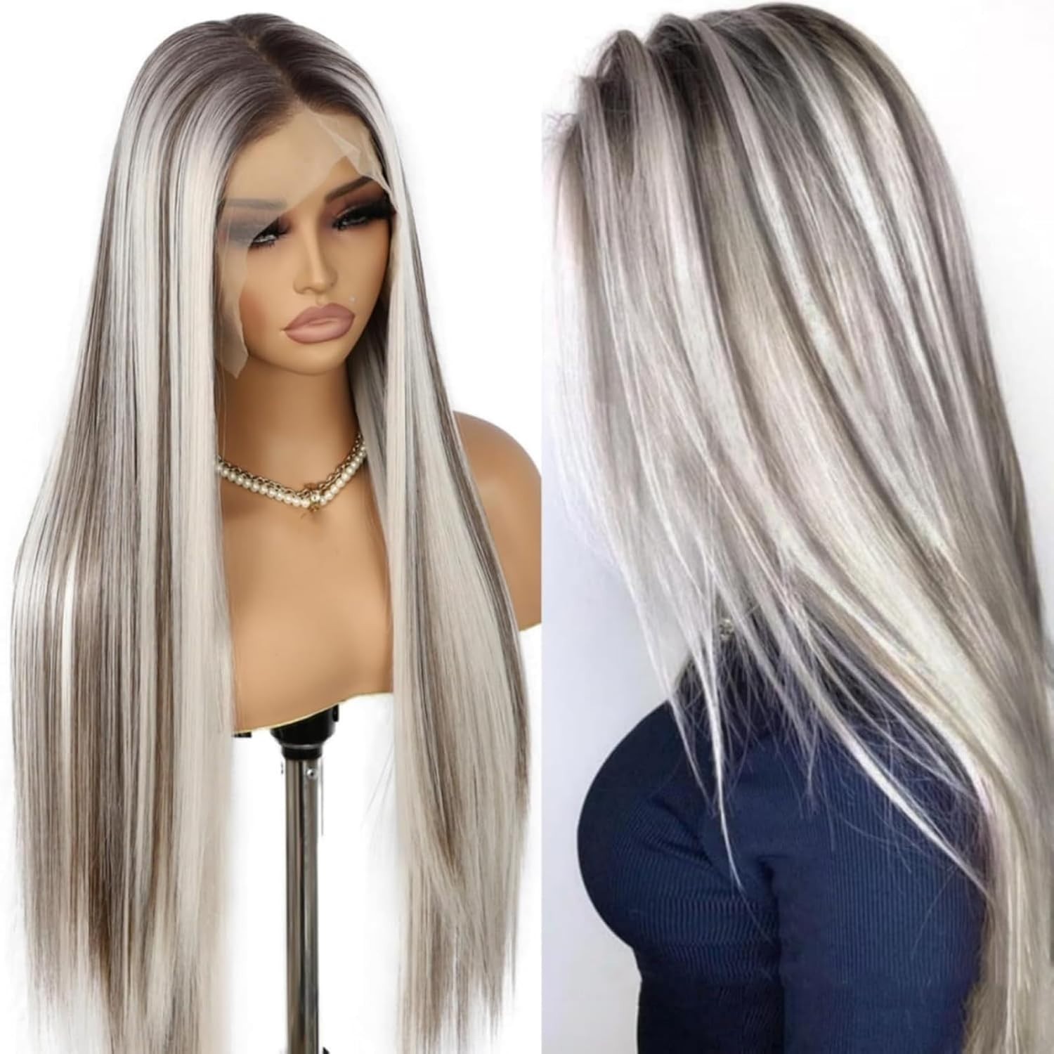 Lace Front Human Hair Blend platium Wigs