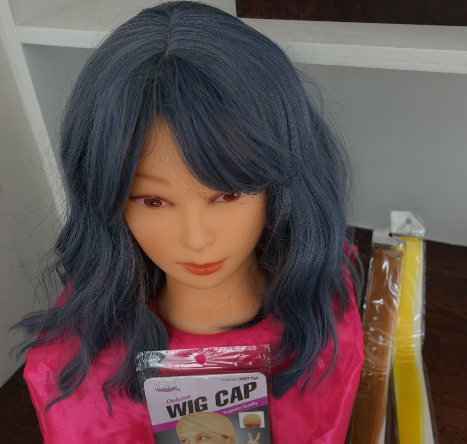 FAELBATY Synthetic Short Bob Blue mix Wavy Wig w bangs Shoulder Length 14″+gifts