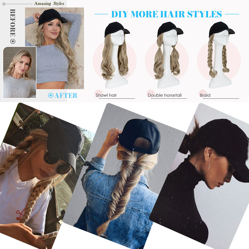 Baseball Hat Cap with Hair Extensions Synthetic Long Curly Ponytail Natural Wavy