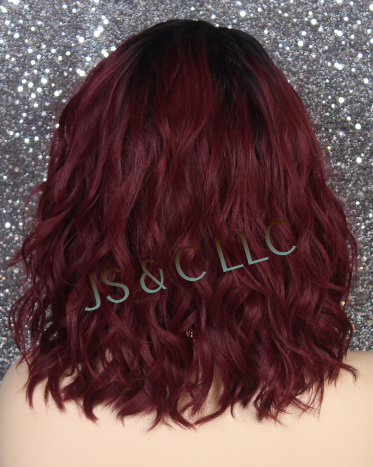Human Hair blend Heat OK Full Lace Front Wig Wavy Burgundy Mix ppq 1B-burg