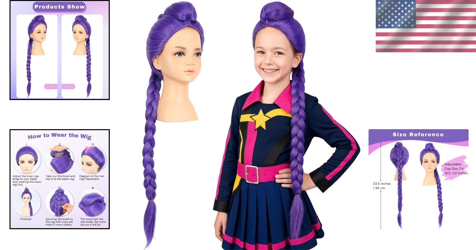 KPop Demon Hunter Rumi Wig Kid Size Purple Long Braided Ponytail Halloween