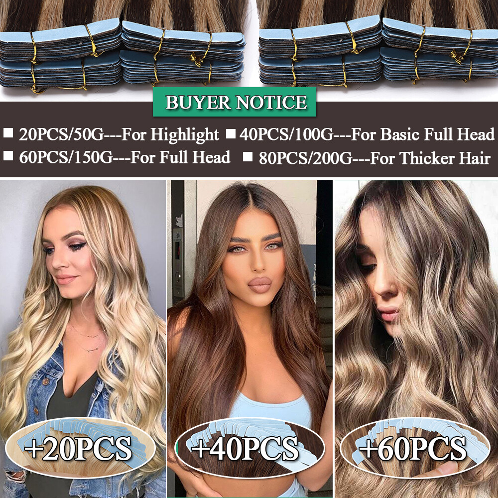 Invisible Tape In 100% Real Remy Human Hair Extensions Full Head Skin Weft Ombre