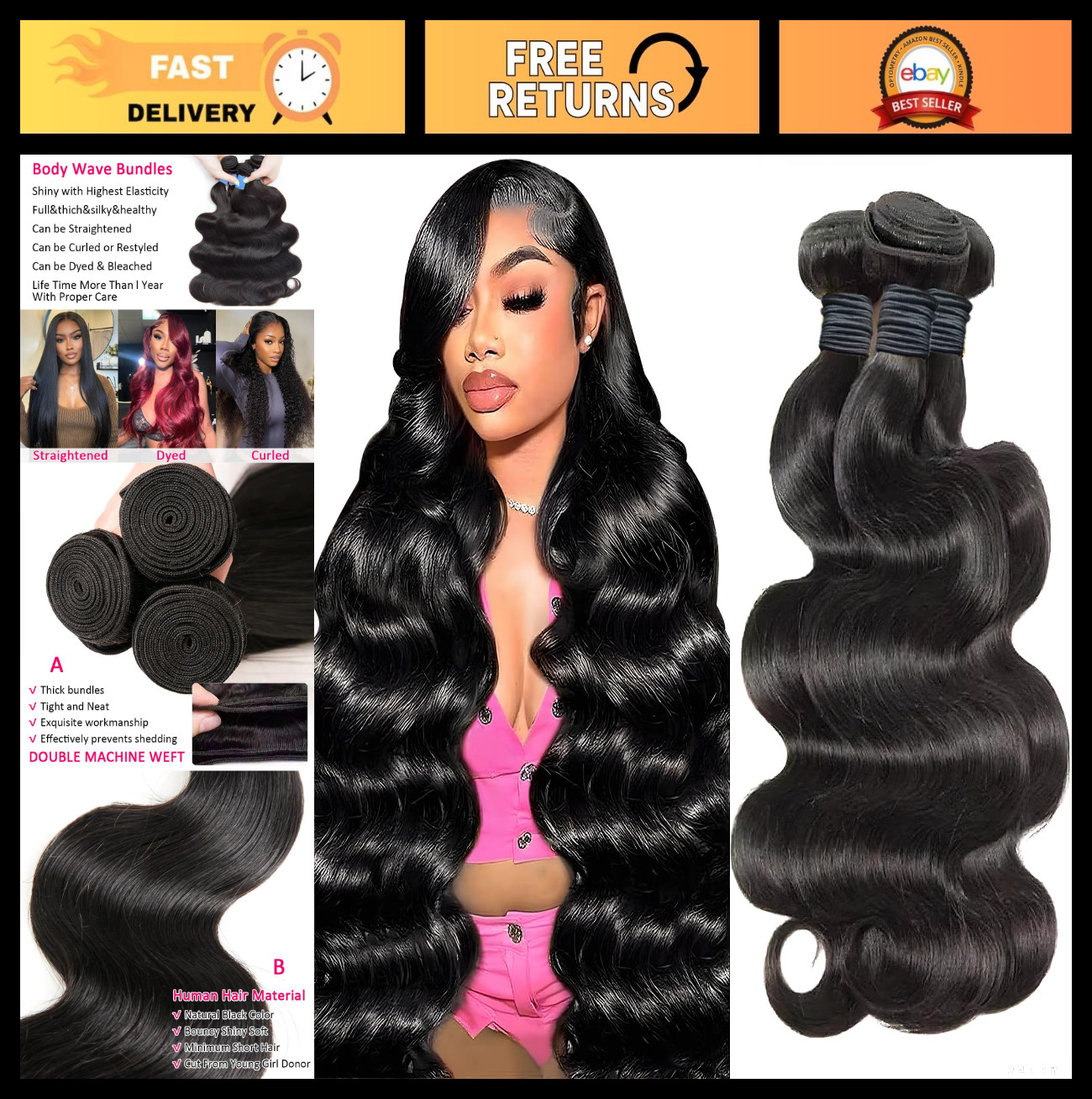14A Body Wave Human Hair Bundles 20 22 24 Inch Thick Weave Natural Color