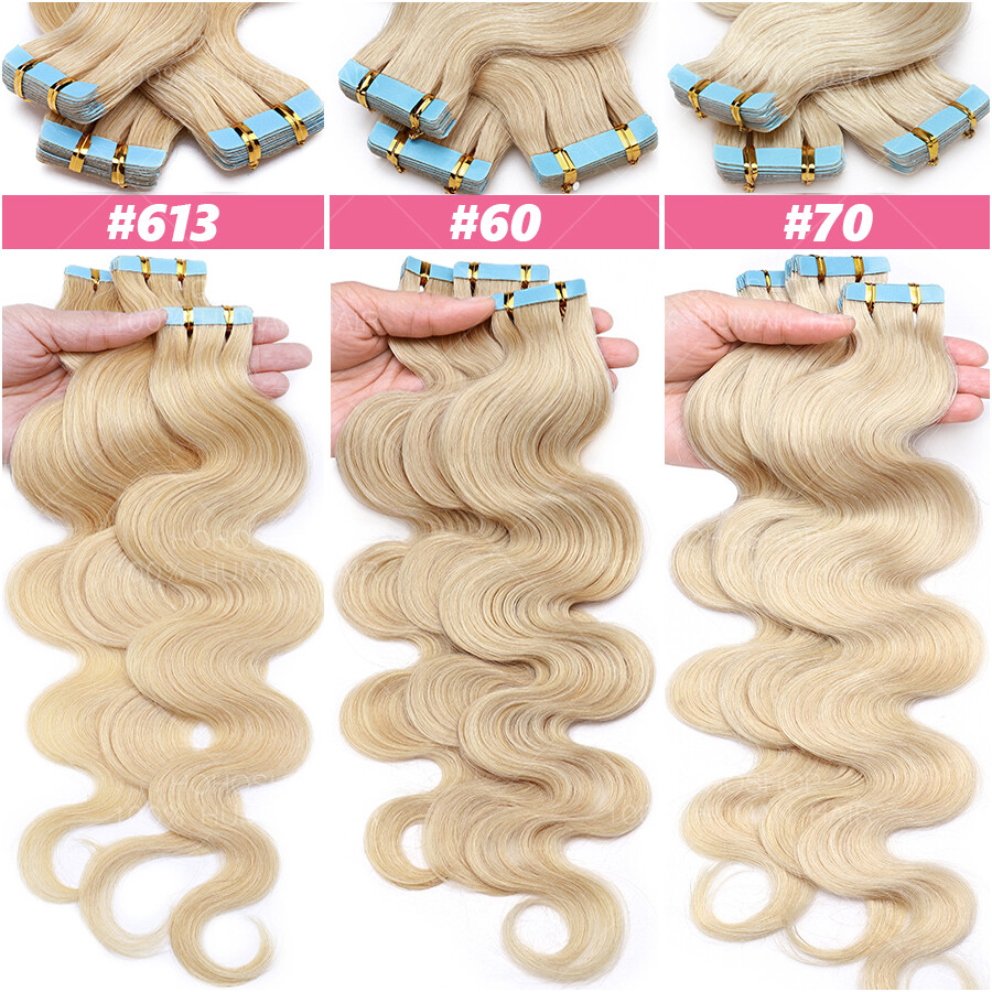 60PCS 150G THICK Tape In Russian Remy Human Hair Extensions Skin Wefts Body Wave