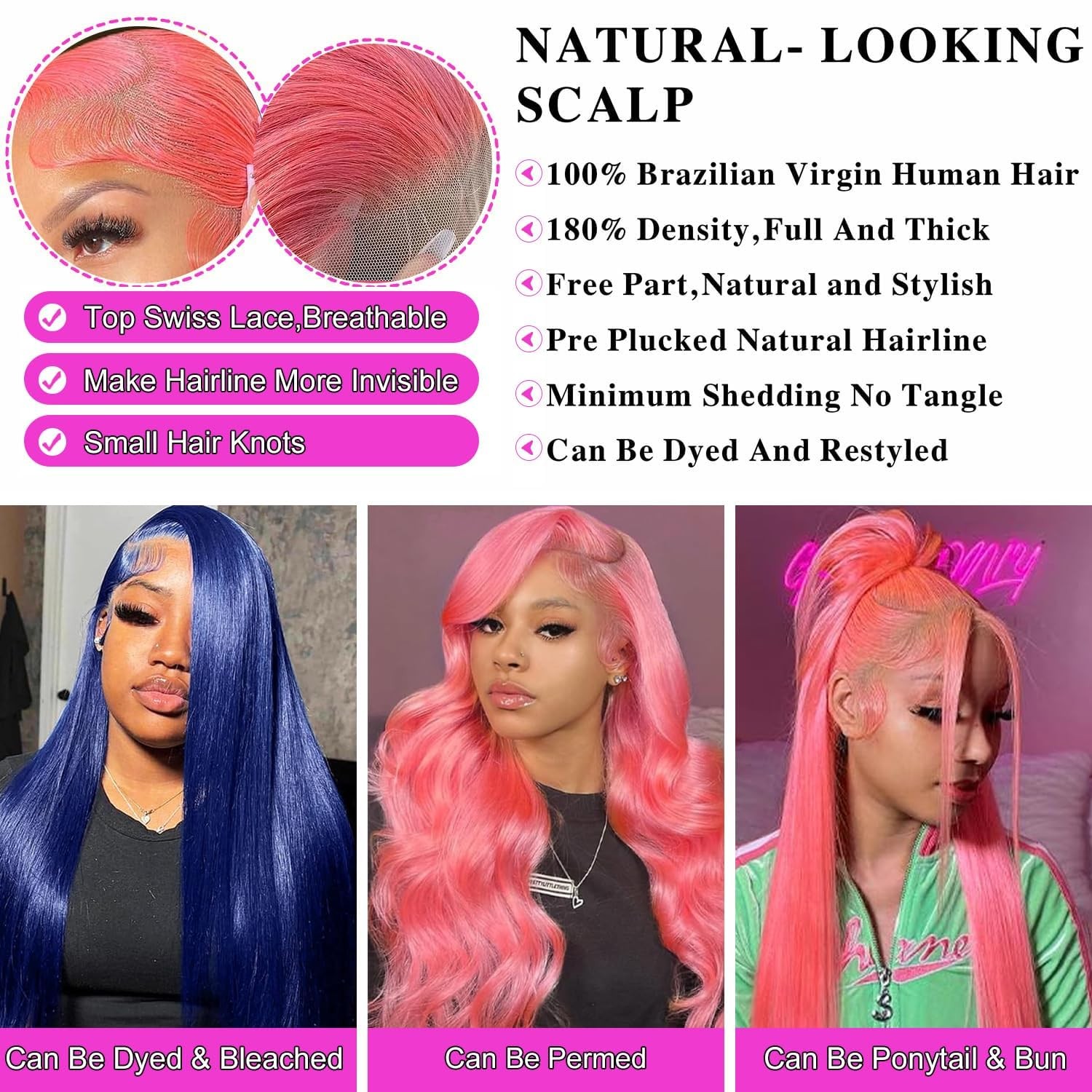 Guebb Straight Pink Hd Lace Front Wigs Human Hair 26 Inch Wear And Go Glueless