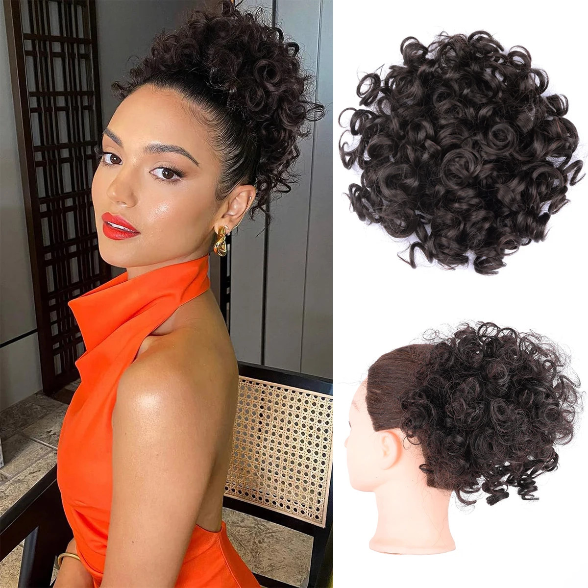 Ombre Blonde Large Curly Synthetic Messy Hair Bun Elastic Drawstring Ponytail
