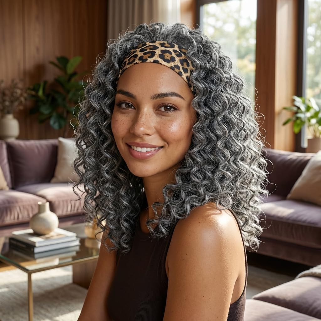 Curly Grey Headband Wigs for Black Women 14inch Short Salt and Pepper Headban…