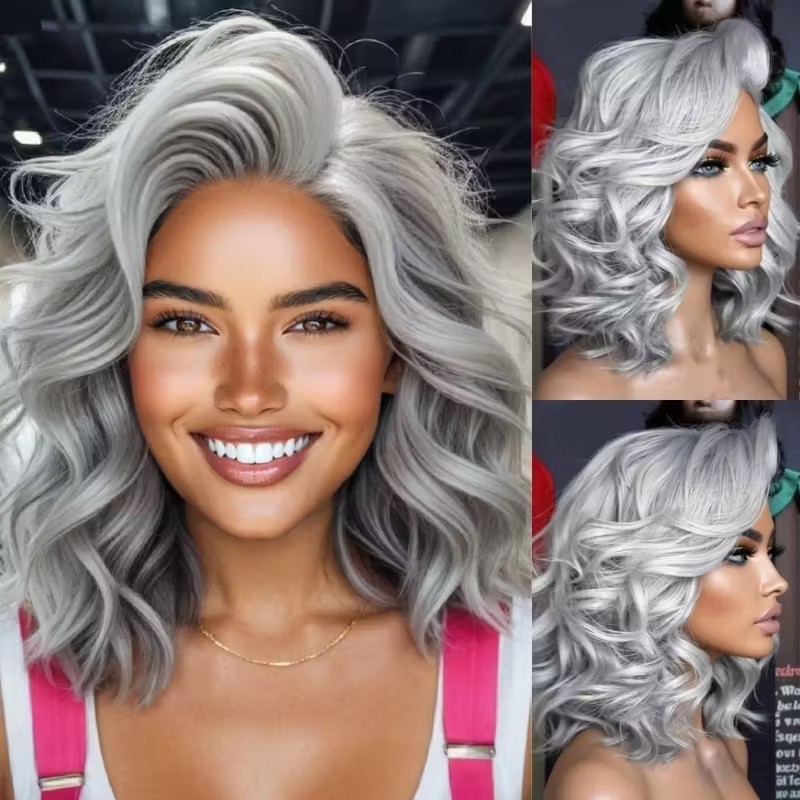 200% Density Silver Gray Loose Wave Wigs Real Human Hair Lace Front Wigs 13×4