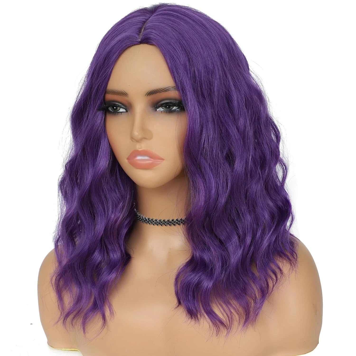Dark Purple Wig for Women, Wavy Curly Purple Bob Wigs Middle Part 14 Inch Should