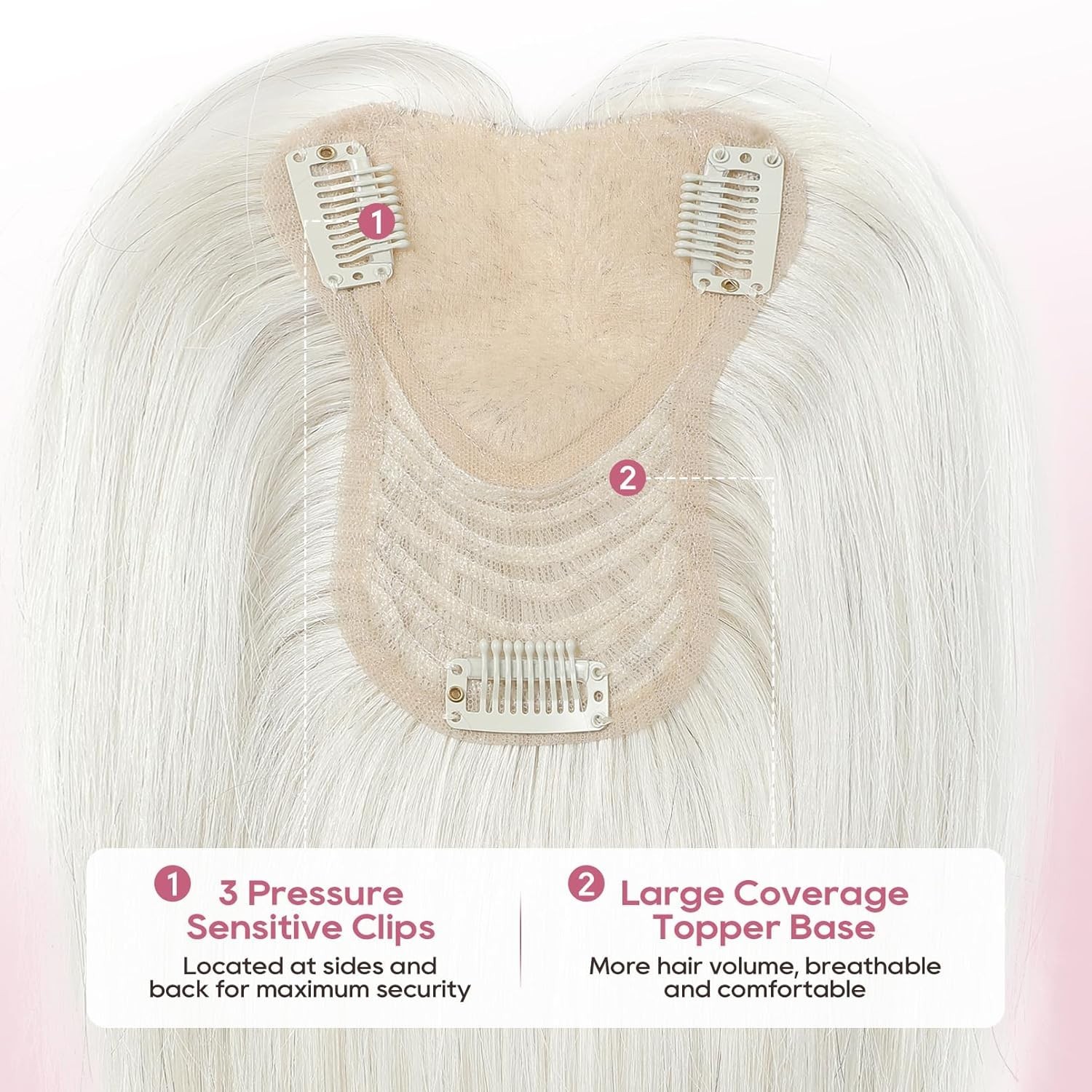 Platinum Blonde White w/ Black Strands 100% Human 10in Women Hair Topper