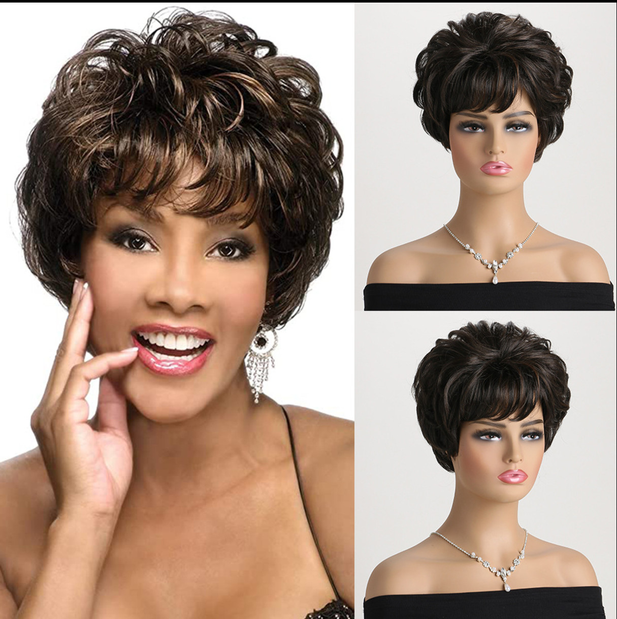 Natural Highlight Wavy Wig Short Layered Brown Black Hair Women’s Side Bang Bob