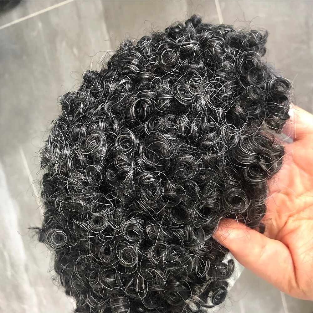 15mm Tight Curl African American Wigs PU Base Mens Hairpiece 120% Medium Density