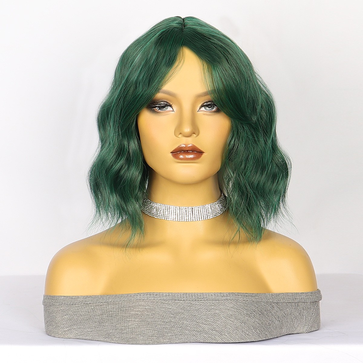 Side Swept Bangs Water Wave Short Wig Heat Resistant Synthetic Full Head Wig