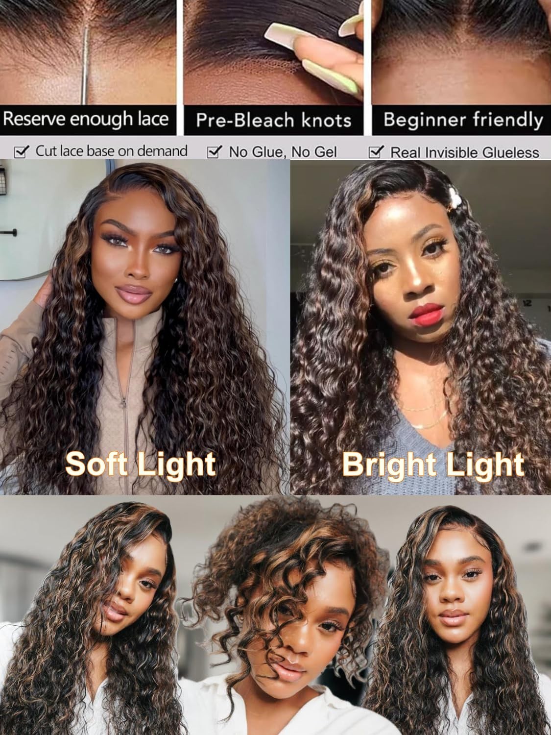 Golden Brown Highlight Deep Wave 22″ HD Lace Closure Glueless Wig, Pre-Plucked,