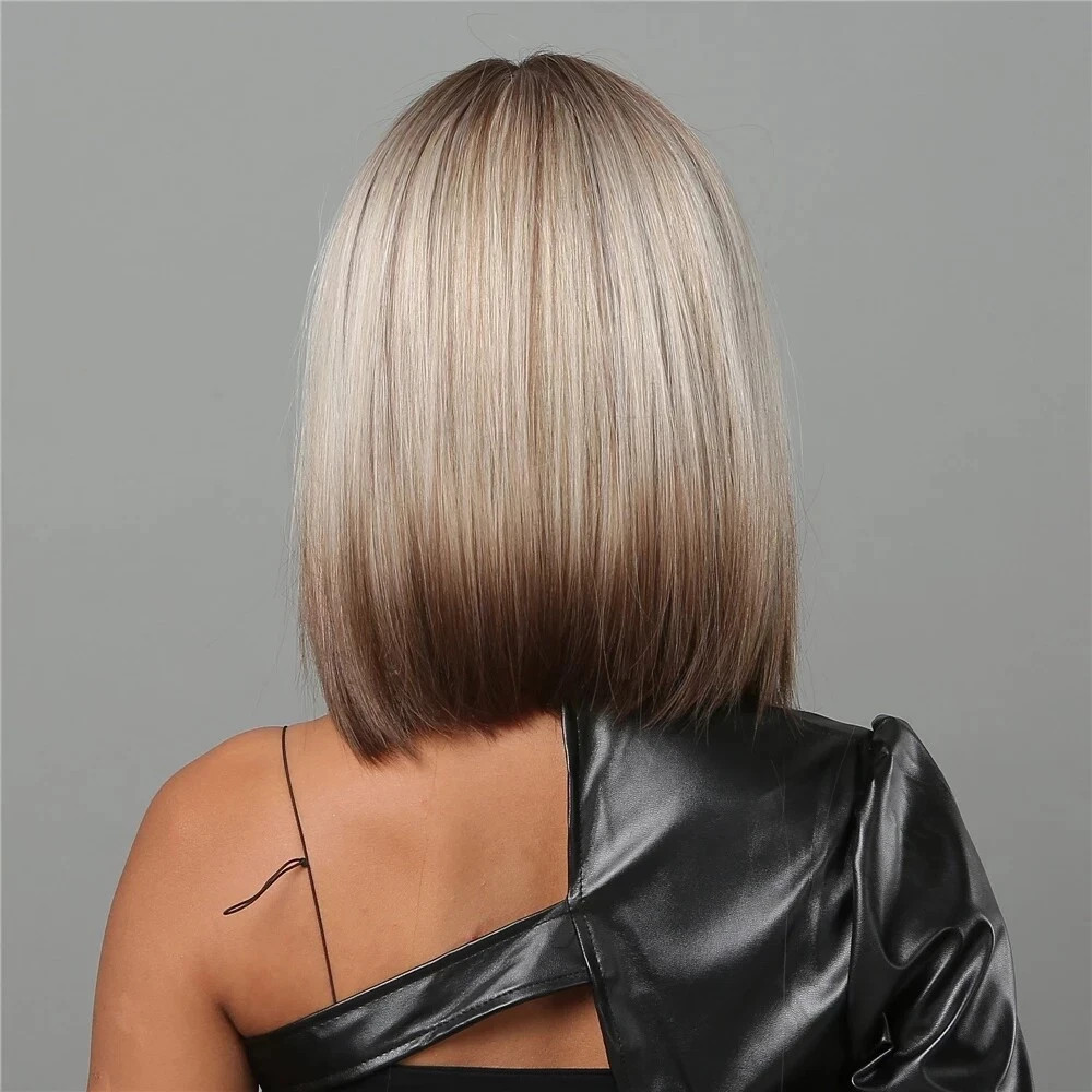 Brown Ash Blonde Ombre Bob Wigs for Women Cosplay Wig with Bangs Dark Roots Natu