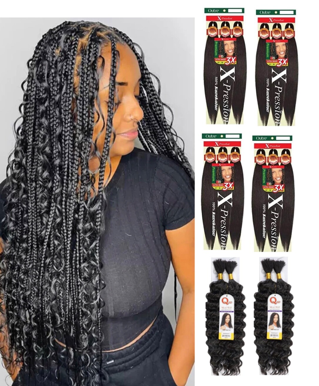 Boho Knotless 52” Braiding Hair + 18” Human Hair Deep Wave Bundles Boho 6 pack