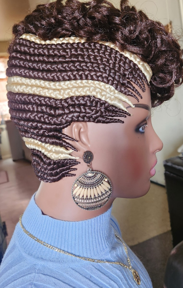 Fully Hand Braided box curly Mohawk braids cornrow wig Dark brown/Blonde