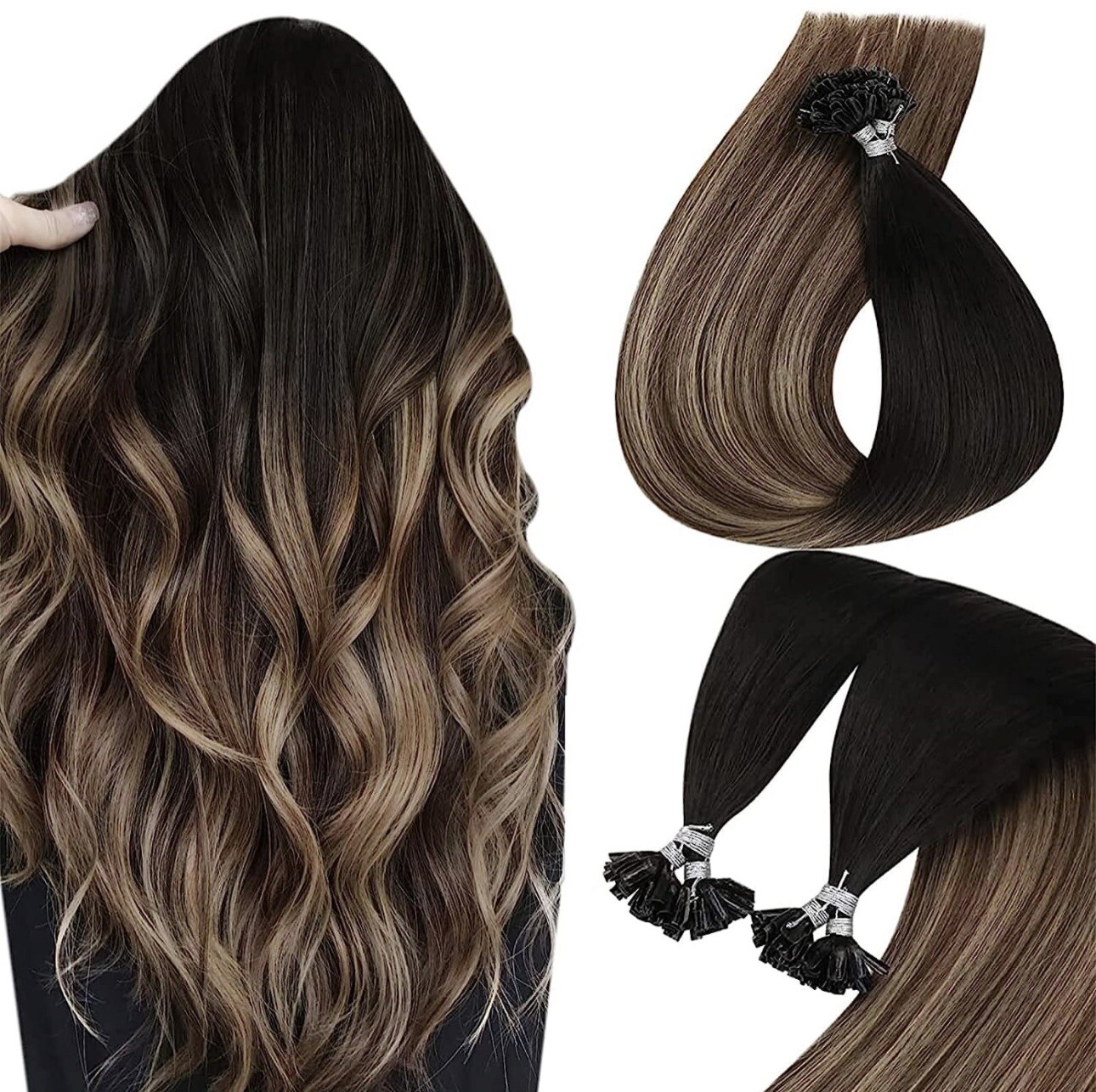 Sunny Hair Prebonded Keratin Black Ombre Dark Brown Balayage Ash Blonde