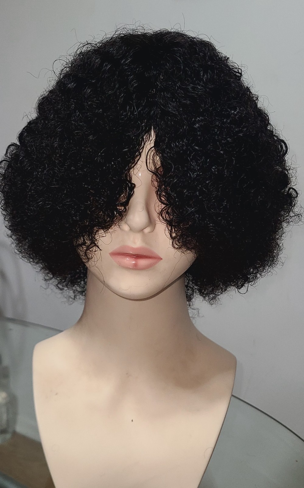 10″Jerry curl,100% human hair Wig with bangs density 200% Natural Color.
