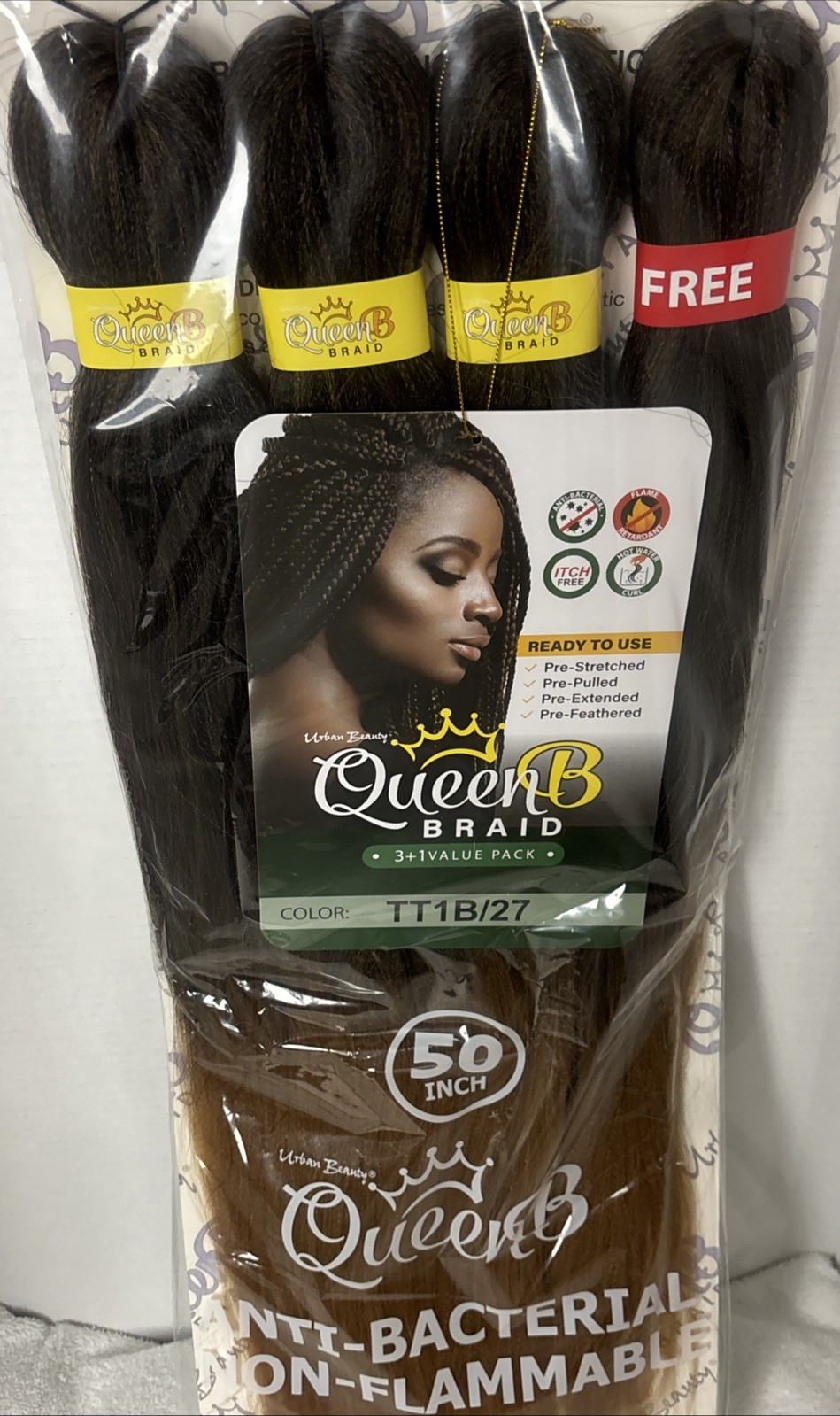 URBAN BEAUTY Queen B 3 + 1 VALUE PACK PRE-STRETCHED BRAIDING HAIR 50″ TT1B/27