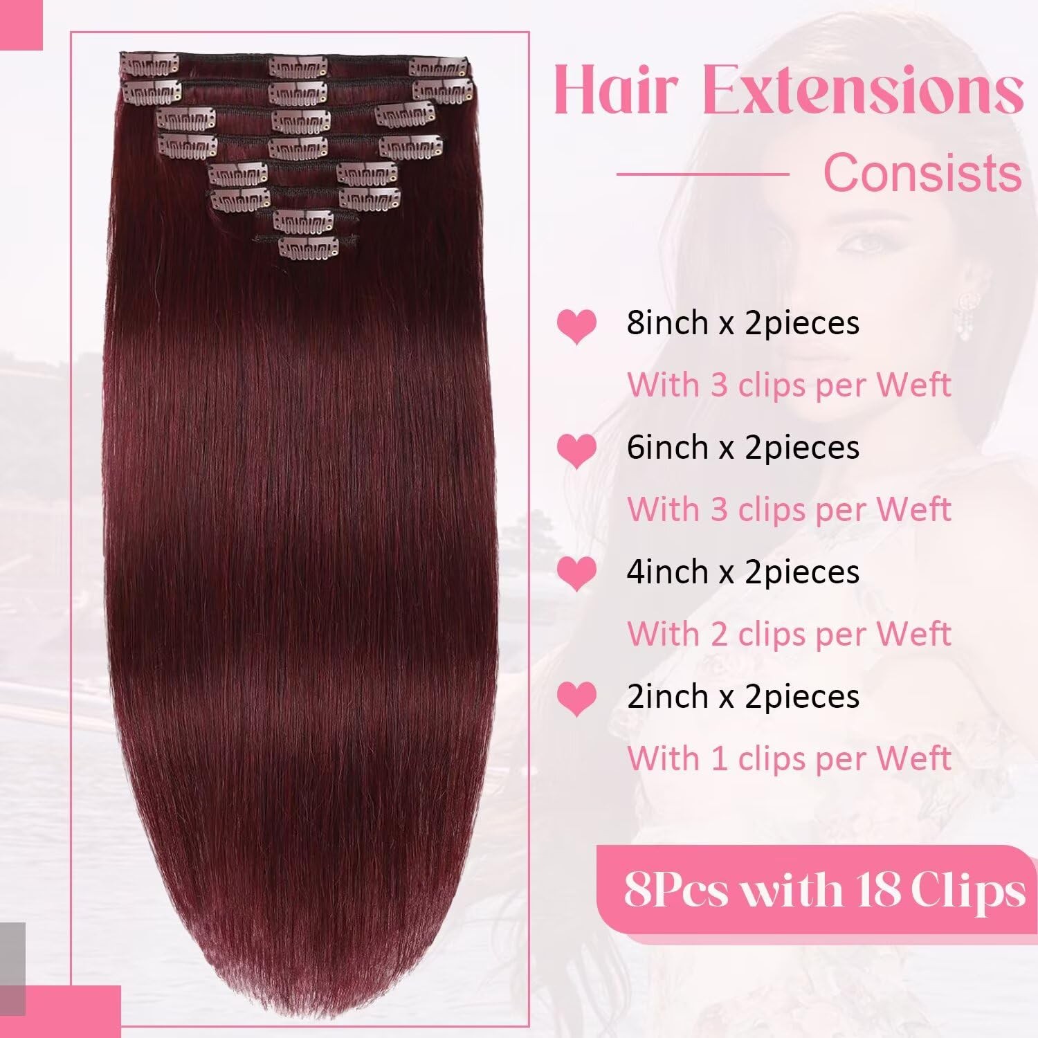 Tebelove Clip In Hair Extensions Real Human Hair 3.6Oz/100G Clip Ins 100