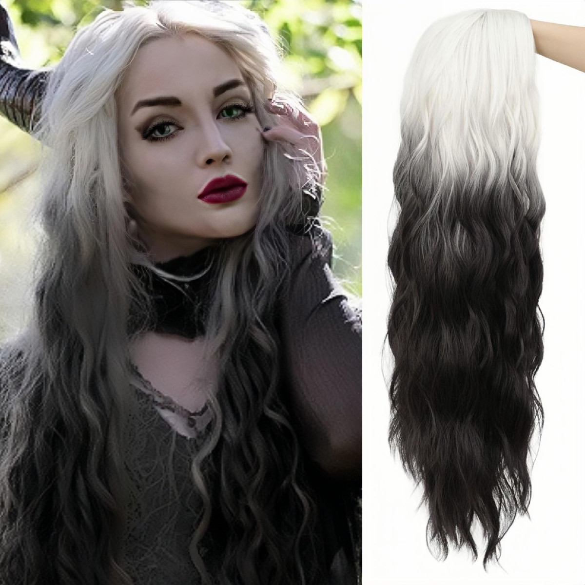 Siudus White To Black Cosplay Wigs For Women Long Curly Wavy Middle Party Hair