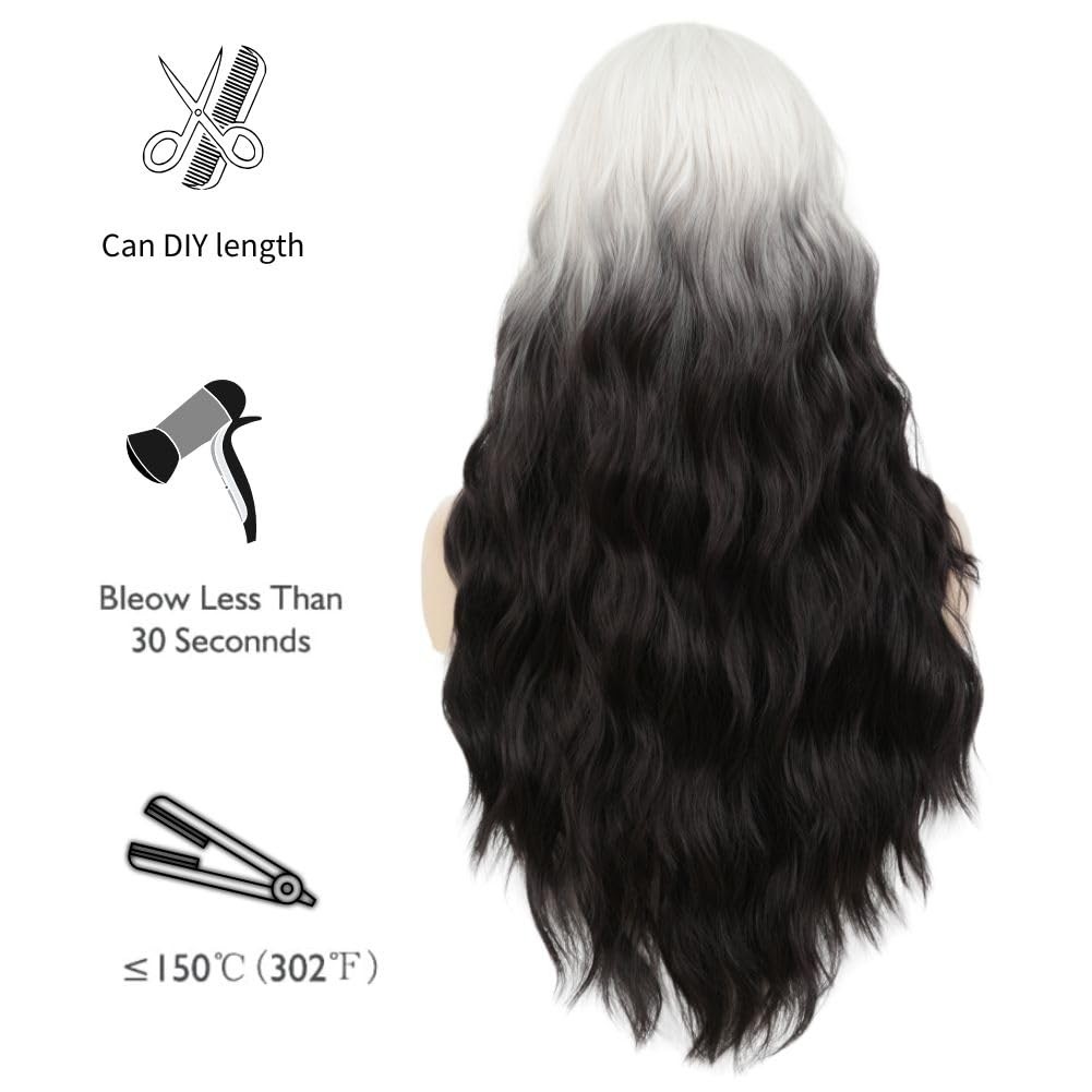 Siudus White To Black Cosplay Wigs For Women Long Curly Wavy Middle Party Hair