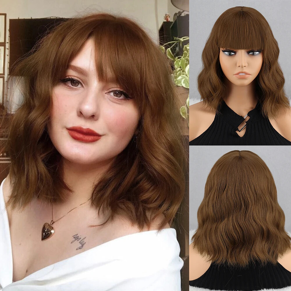 New Short Brown Synthetic Wig Women’s Bangs Dark Blue Pink Black Wig Party Use