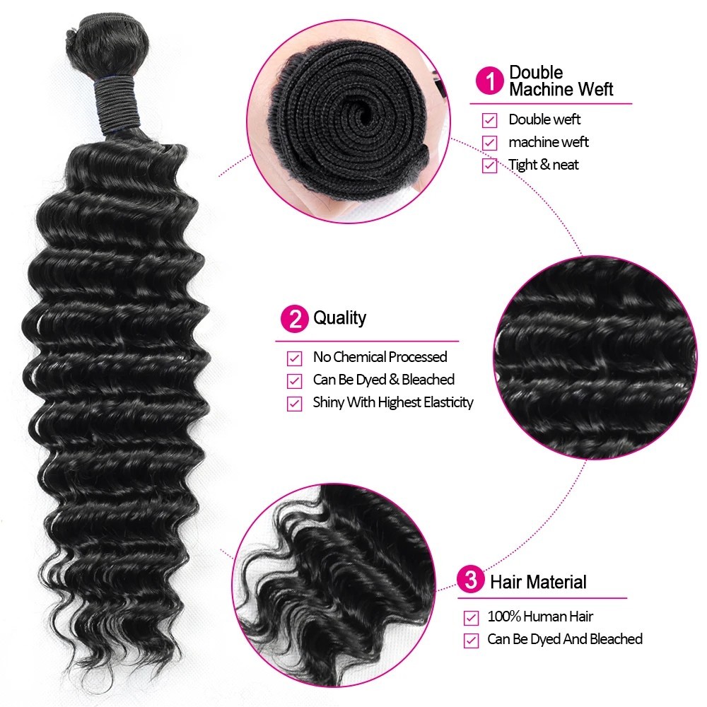 3PCS Luxury Deep Wave 100 % Remy Human Hair Bundles Natural Color Beauty Gift