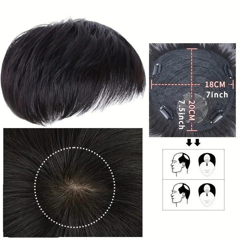 Men’s 100% Real Human Hair Topper Toupee Clip in Hairpiece Top Short Natural Wig