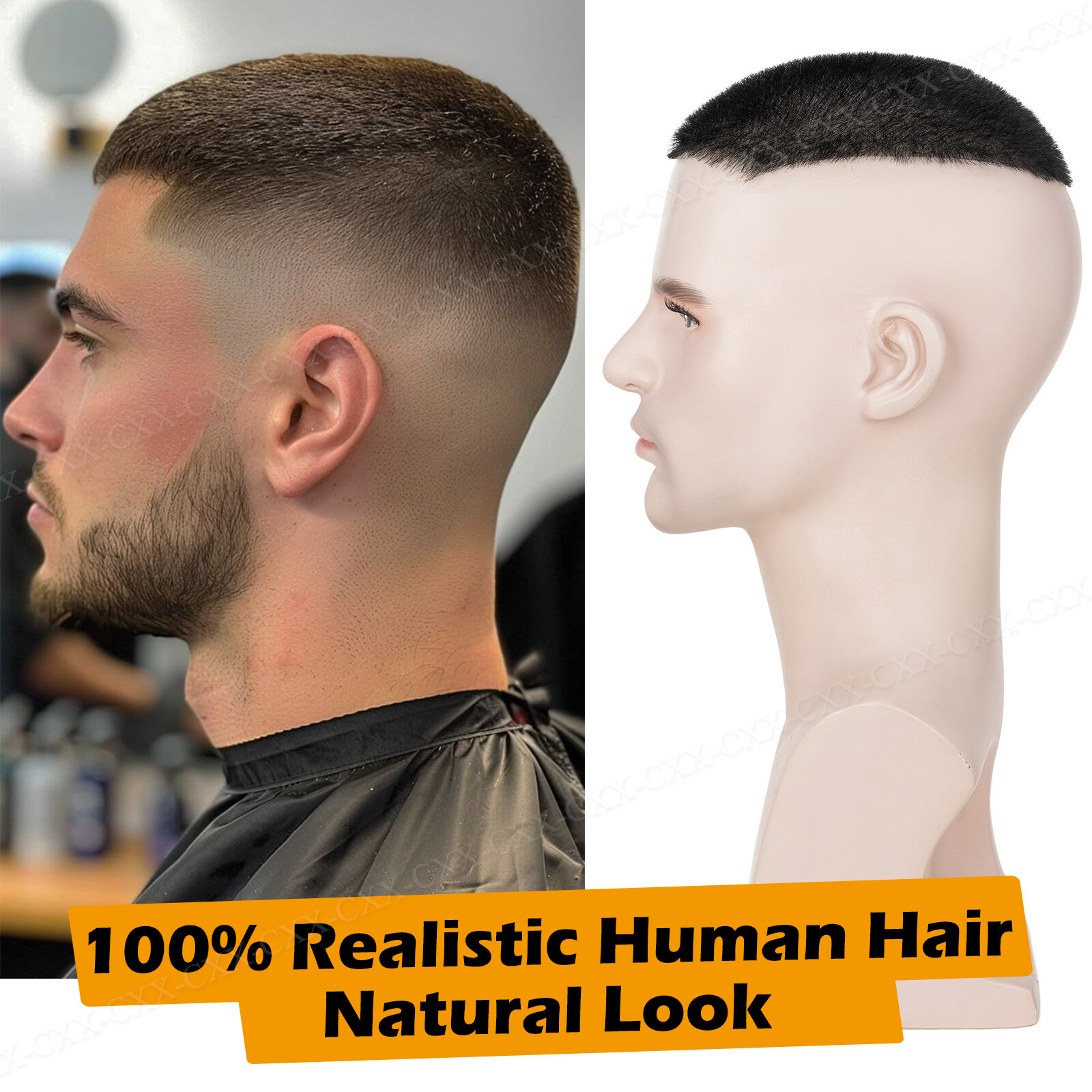 Mens Toupee Hairpiece 100% Human Hair System Replacement Skin PU Short Buzz Cut