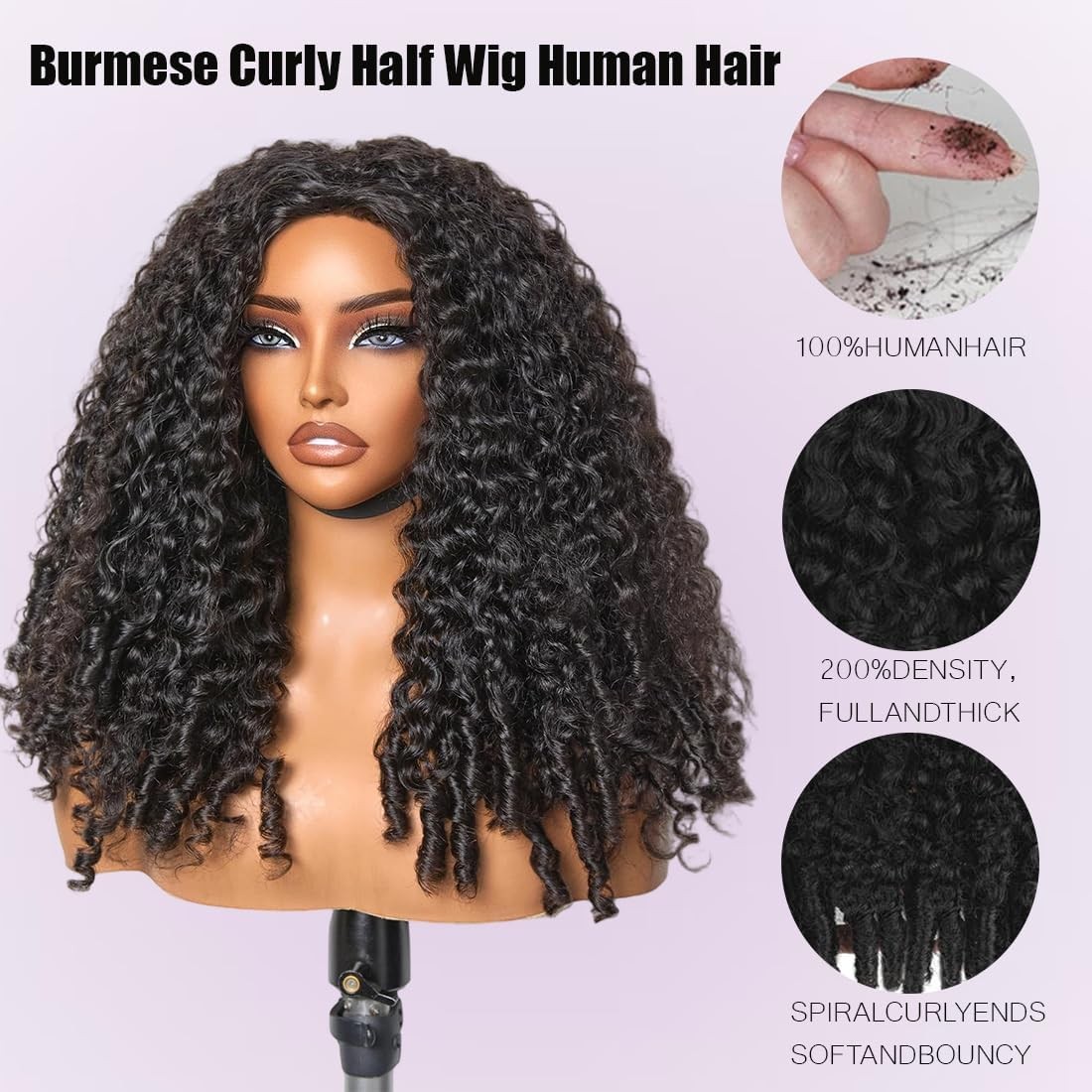 Burmese Curly Half Wig Human Hair 200% Density 3 In 1 Wear and Go Glueless Wi…