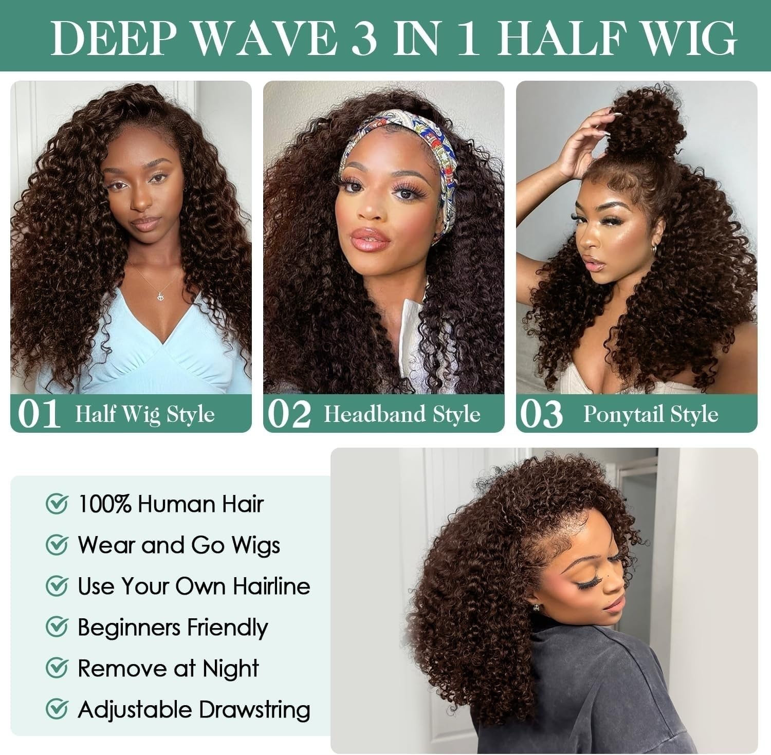 180% Density 22 Inch Deep Wave Half Wig for Black Women – Chocolate Brown Curly