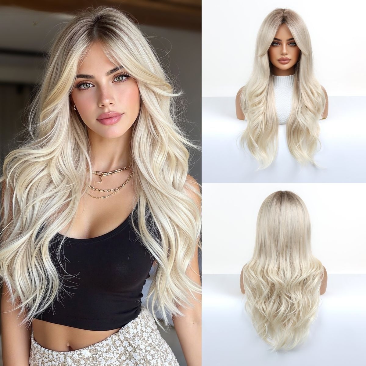 26″ Brown to Gold Ombre Wavy Wig Heat Resistant Synthetic Cosplay Party Wedding