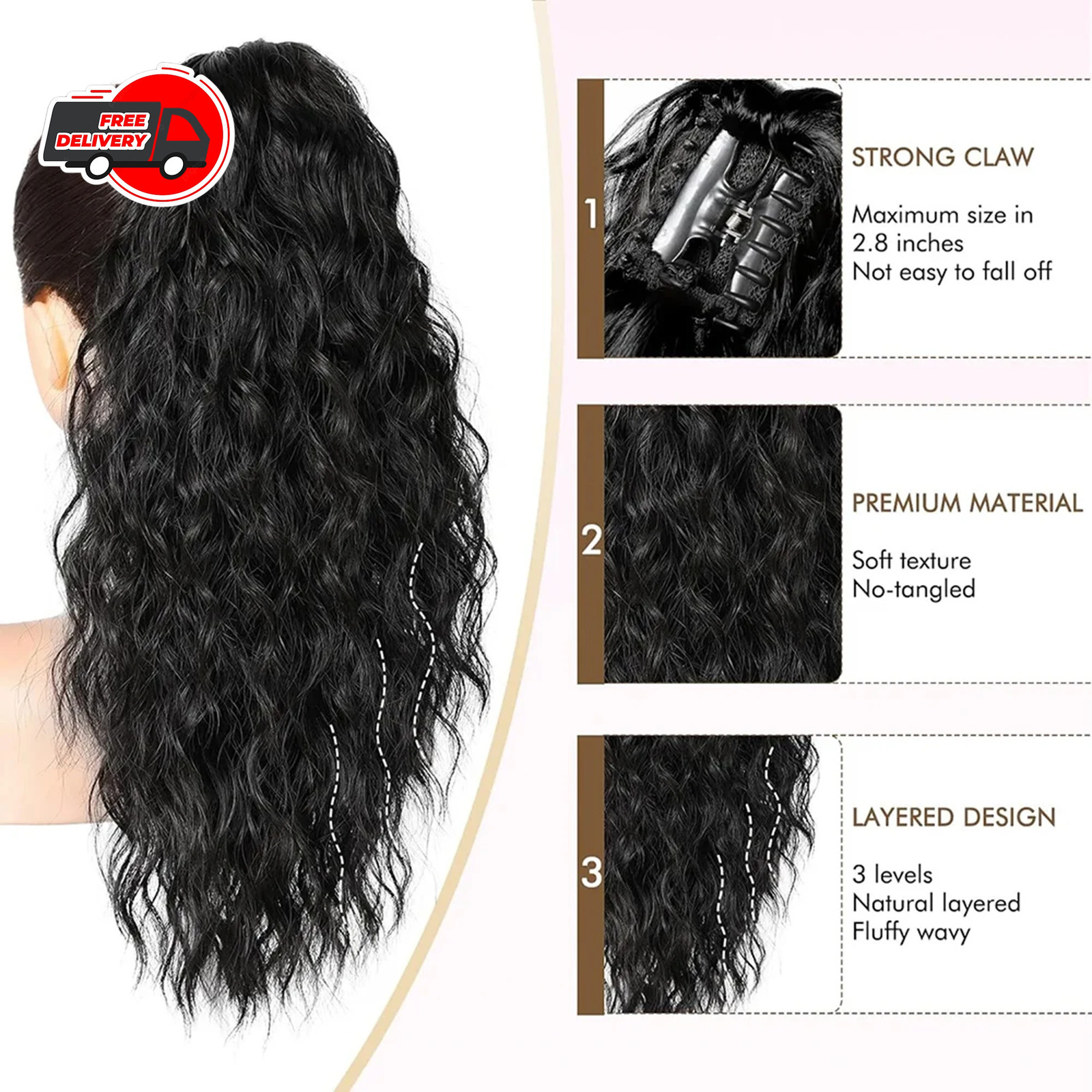 Black Brown Long Wavy Curly Synthetic Claw Clip In Ponytail Fake Hair Extension