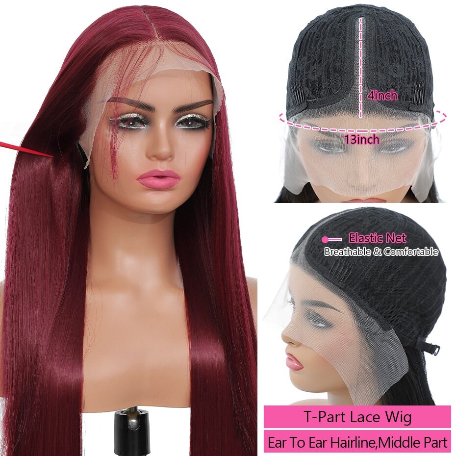 13x4Transparent LaceWigs Synthetic Straight Burgundy Wig Pre Pluck HeatResistant
