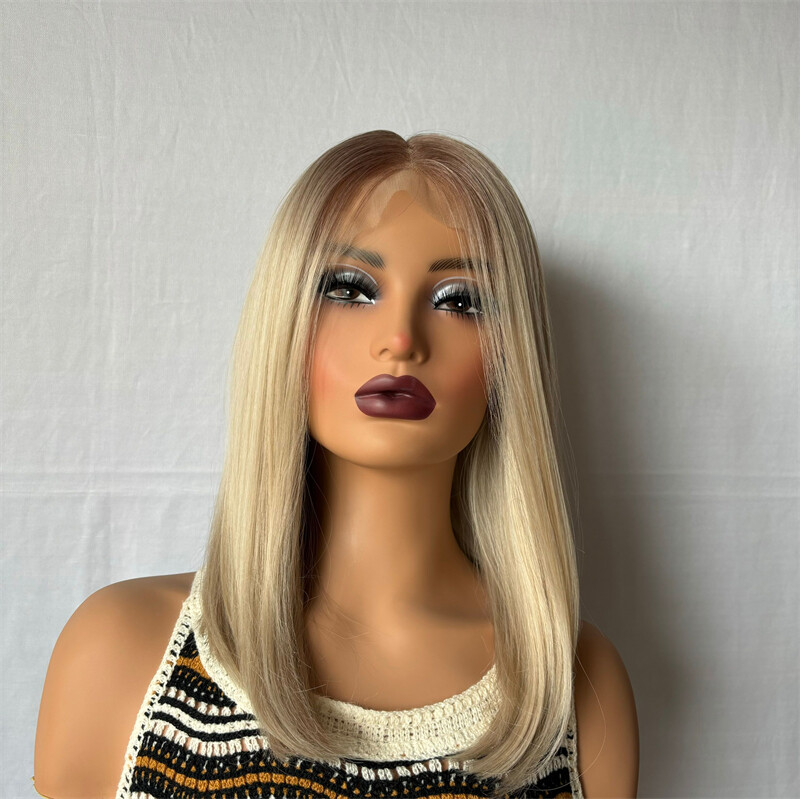 Ombre Blonde Straight Bob Wigs Brown Roots 100% Human Hair Lace Front Wigs 13×4