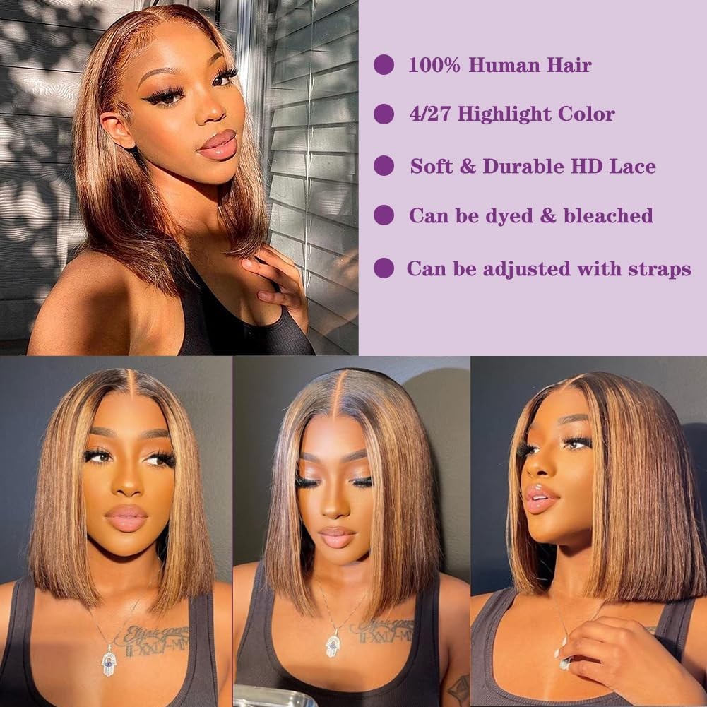 Human Hair 13×4 Lace Front Bob Wigs Honey Blonde Glueless 4/27 Ombre Highlight