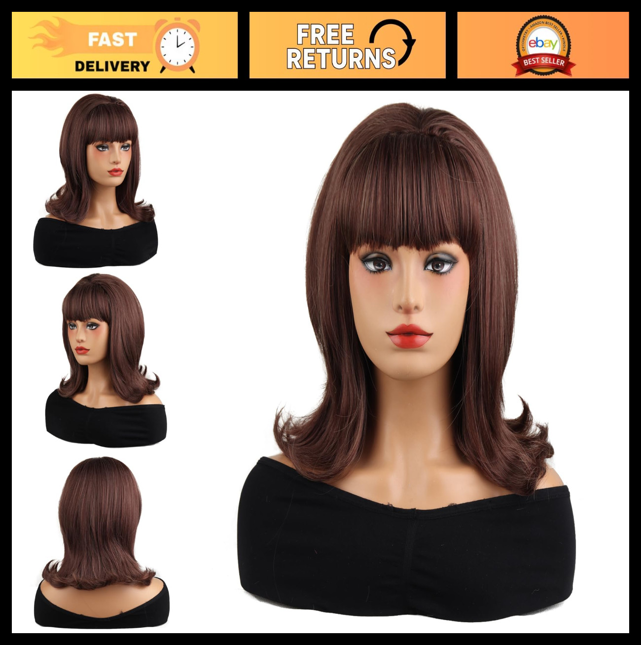 Short Brown Mixed Wig with Bangs – Retro Bouffant Beehive 60s 70s 80s Costume Co