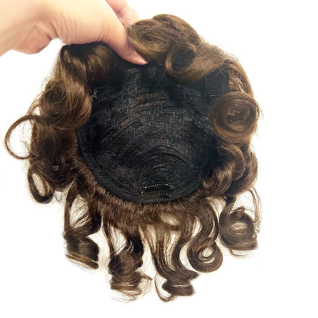 Short Brown Wavy Curly Hair Wiglet Topper Human Hair Replacement for Women