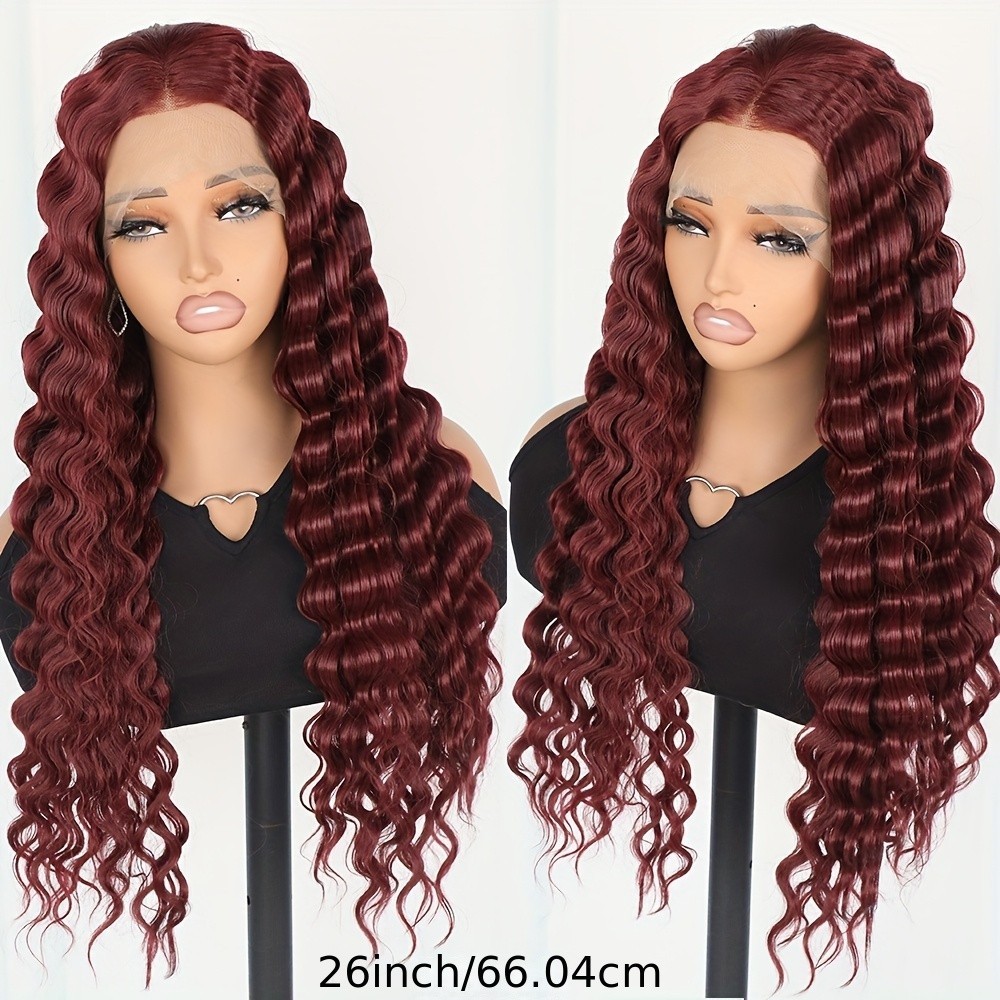 Wine Red Color Hair Long Deep Wave Burgundy Synthetic Lace Front Wig Pre Plucked