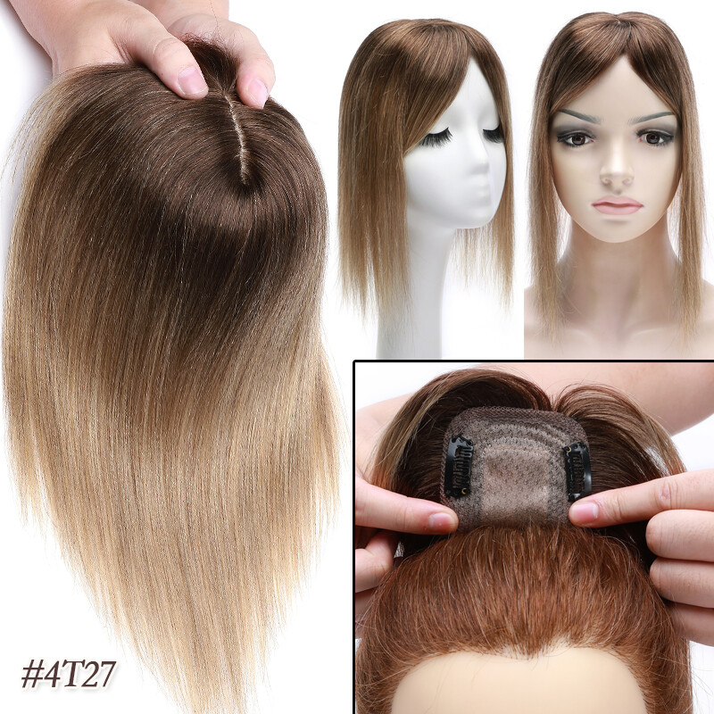 Women Topper Hairpiece with Bangs Clip In Top Remy Human Hair Toupee 7*13cm