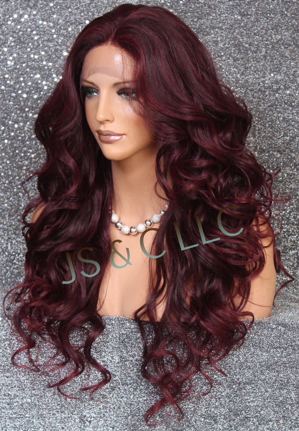 Human Hair Blend Full Mono Lace Front Wig Wavy Burgundy mix Heat OK WBSG 1B-burg