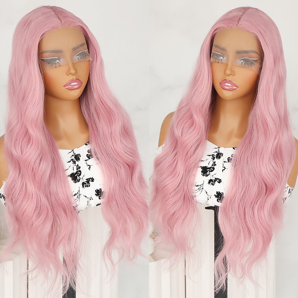 Long Wavy Pink Lace Front Wigs Heat Safe Middle Part Body Wave Hair Women Party