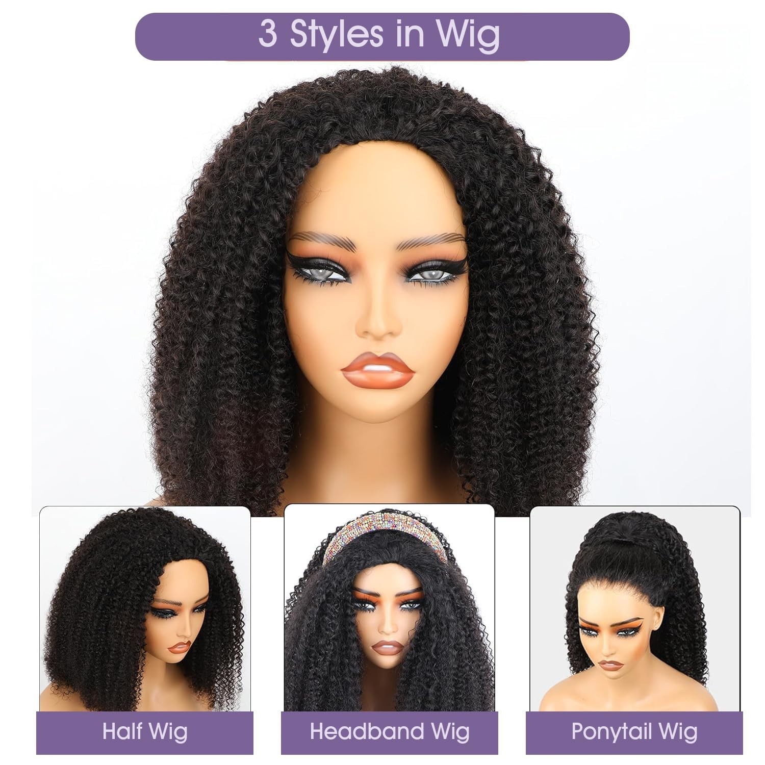 180% Density Afro Curly Half Wig – 22 Inch Kinky Curly Human Hair, Glueless, Eas