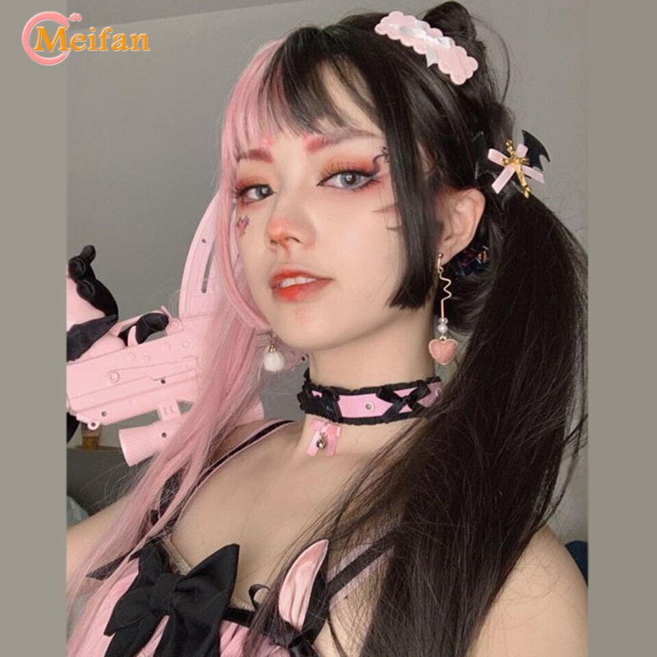 Long Wavy Ombre Black White Pink Heat Resistant Synthetic Lolita Wigs Halloween